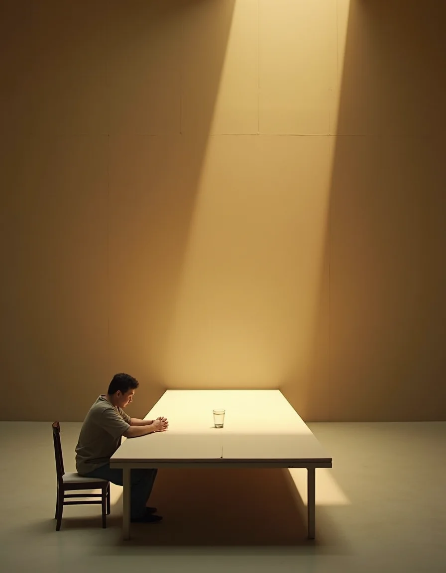 A solitary applicant waits at one end of a long empty table.