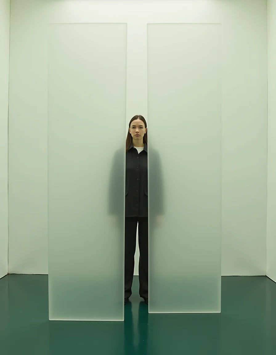 An applicant is partially obscured behind a sequence of translucent filtering panels.