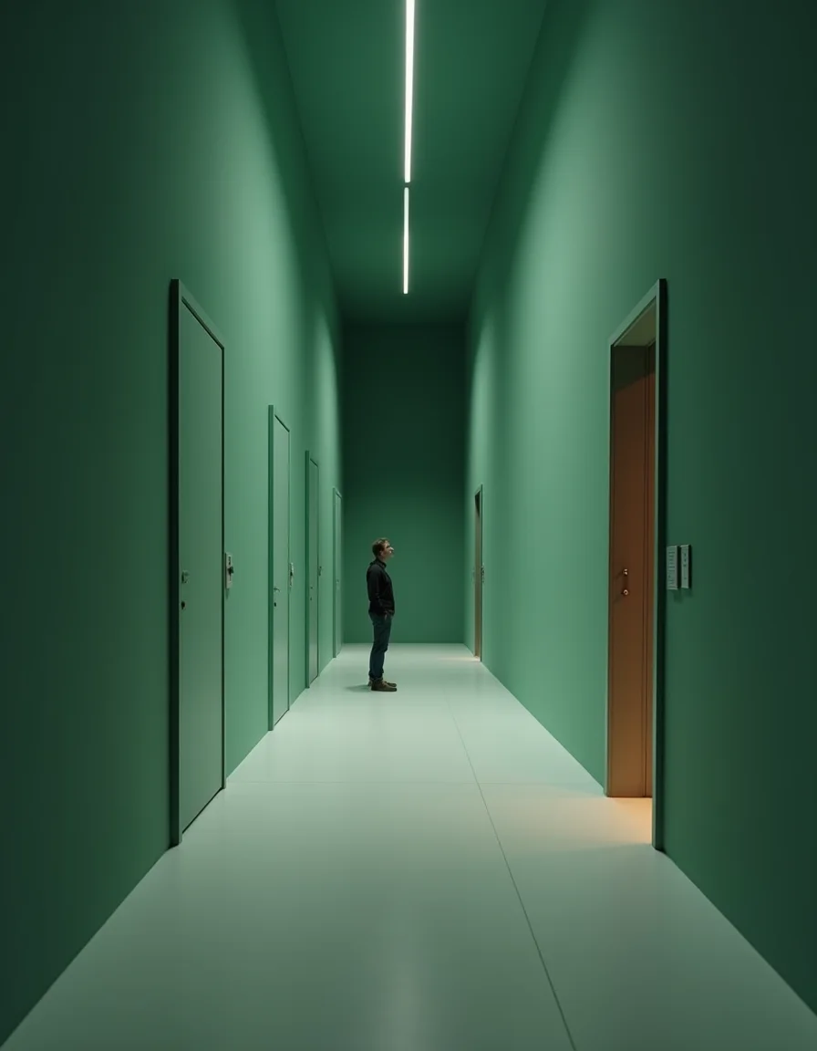 A lone applicant faces a corridor of nearly identical closed doors.