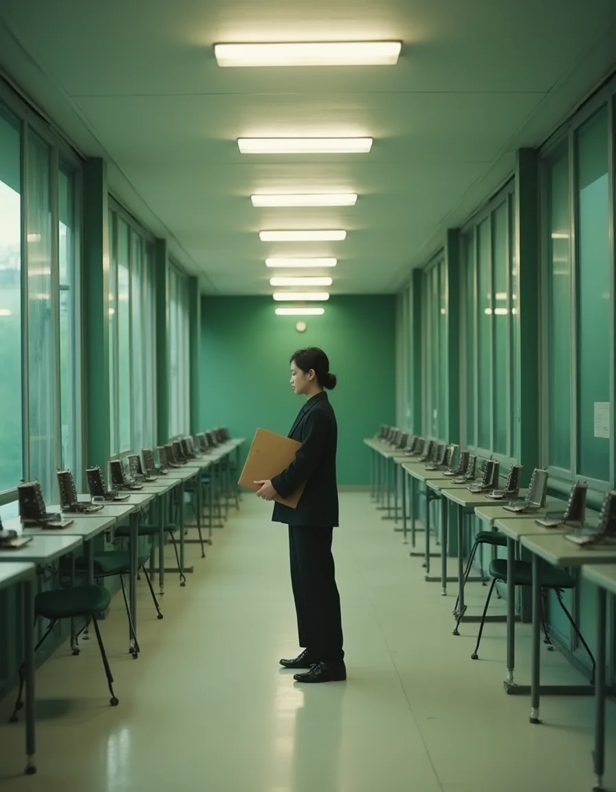 An applicant stands inside a room lined with a long repetition of identical service windows.