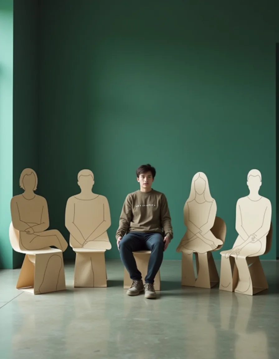 A real applicant sits among rows of flat paper silhouettes.