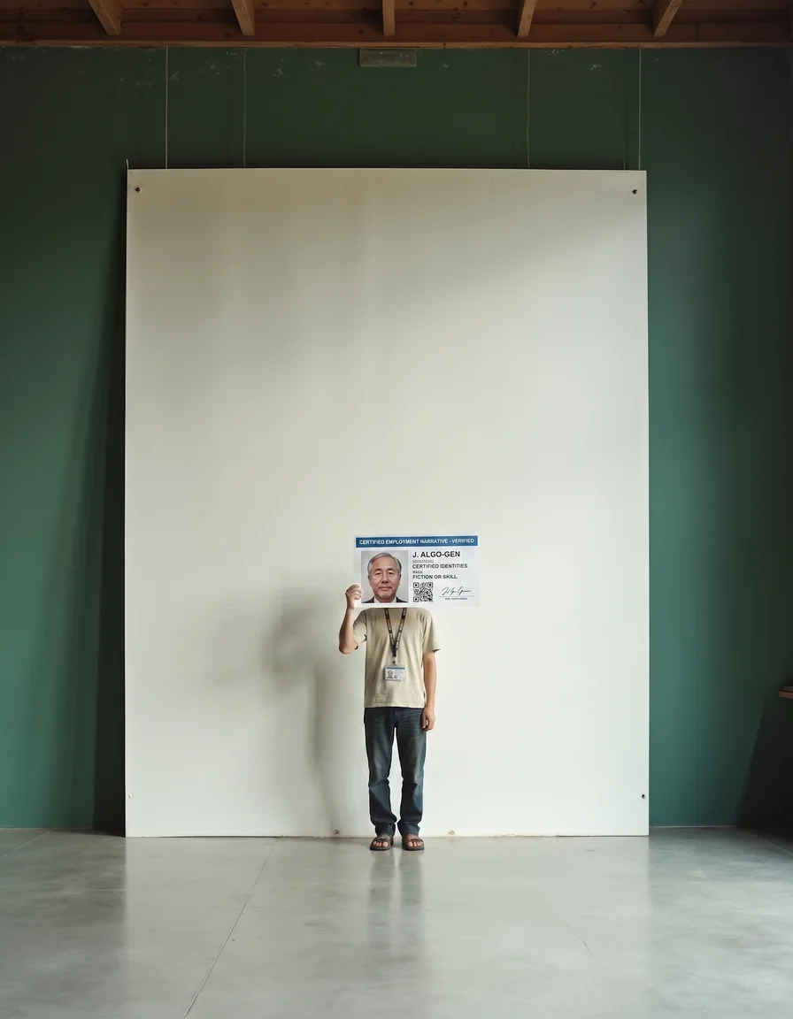 A person stands against a polished white façade inside a dark green room.