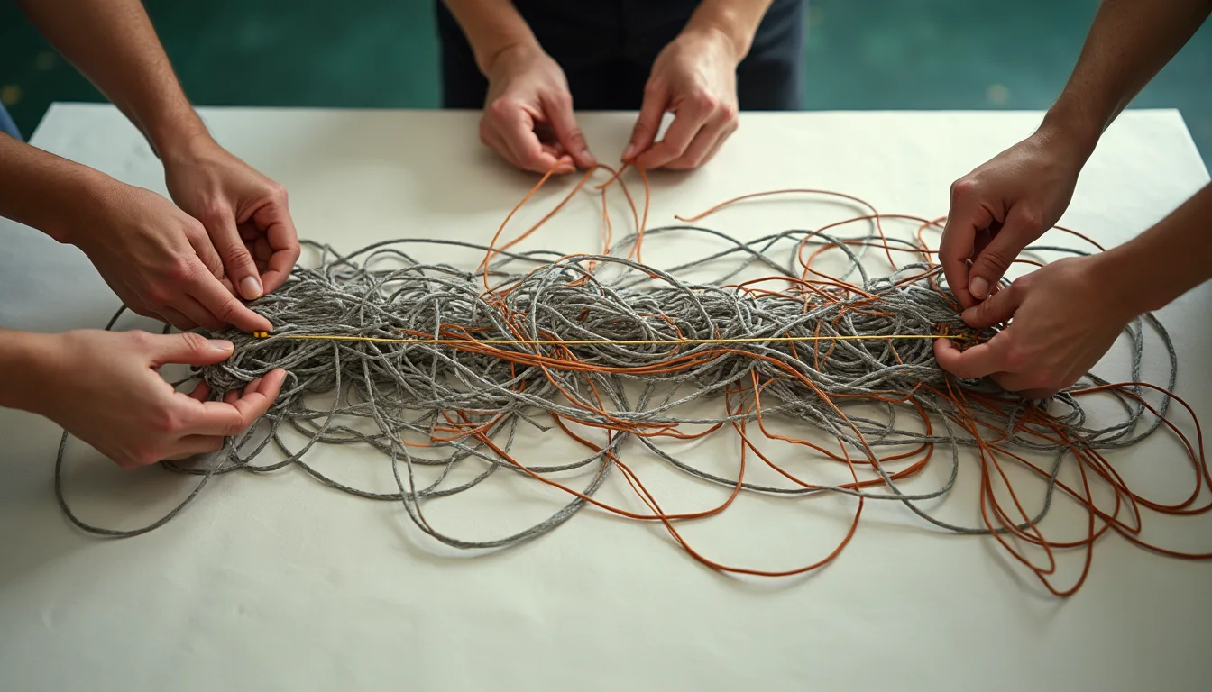 Several people work together to separate a tangled mass of lines into one clear path.