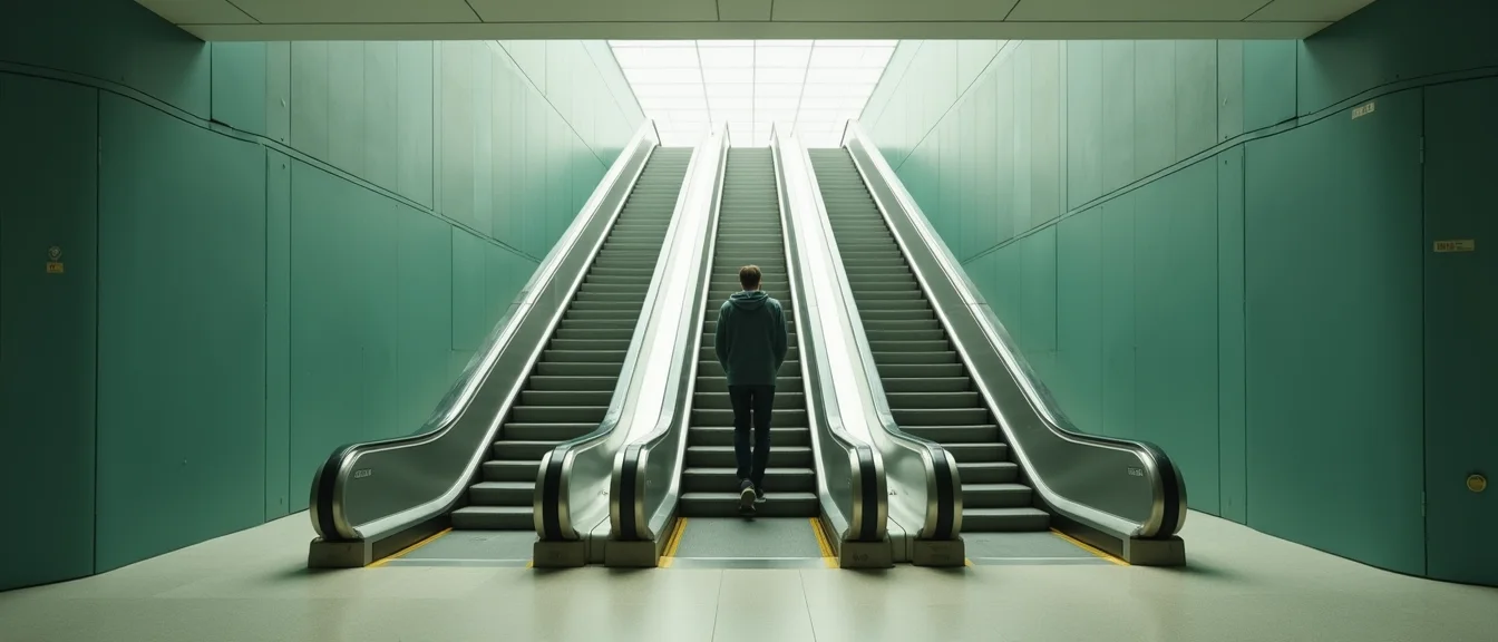 A job seeker stands between parallel escalators that continue upward without carrying them forward.