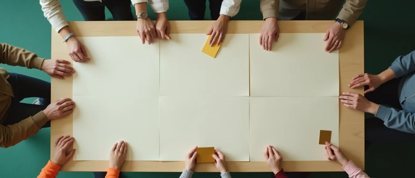 Many people gather around a shared table with blank space ready for their input.